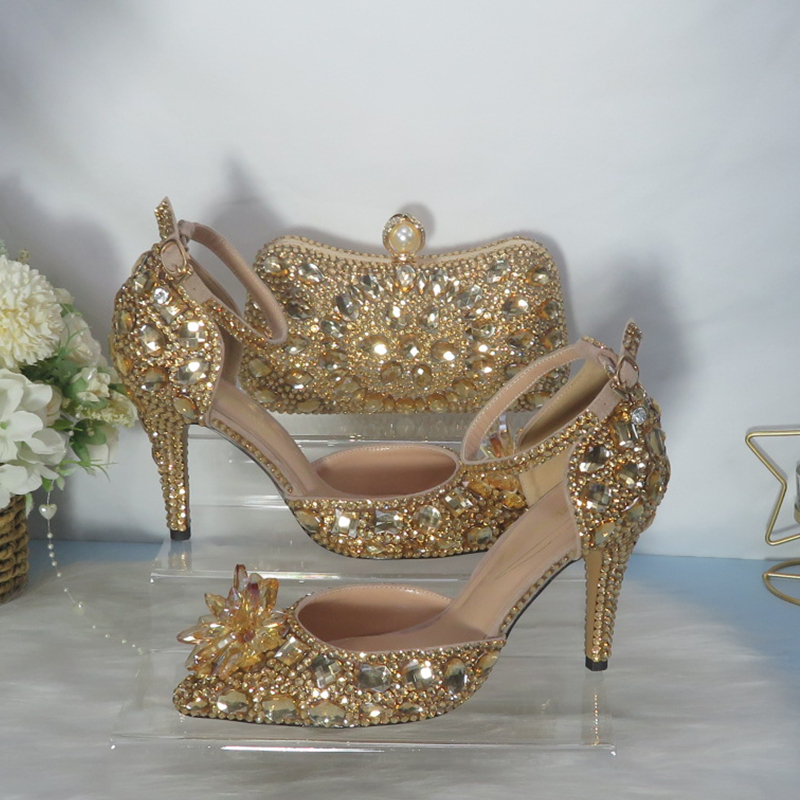 Women Bags For Wedding - 2021 ใหม่คริสตัลสีทอง Bridals รองเท้าแต่งงานพร้อมกระเป๋าคู่ Rhinestone รองเท้าส้นสูงสายรัดข้อเท้าผู้หญิง