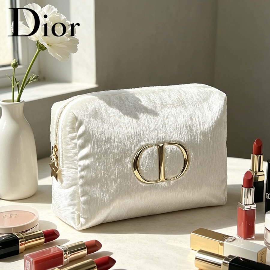 Women Bags Logo - กระเป๋าดิออร์ ไวท์ เวลเวท ทราเวล คอสเมติก แบ็กกระเป๋าเก็บของจำเป็นสำหรับผู้หญิง