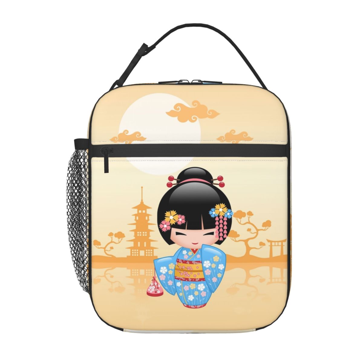 Women Bags Vector - กระเป๋าใส่อาหารกลางวันลายตุ๊กตาโคเคชิแบบญี่ปุ่นสำหรับผู้หญิง พกพาสะดวก น่ารัก สไตล์สาวหวาน ลายเกอิชา กล่องเก็บความเย็นสำหรับเด็ก
