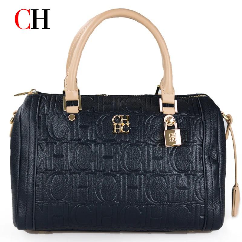 Women Bags Logo - กระเป๋าถือผู้หญิง CH แบรนด์หรู โลโก้ปั๊มนูน สีน้ำตาล หนัง