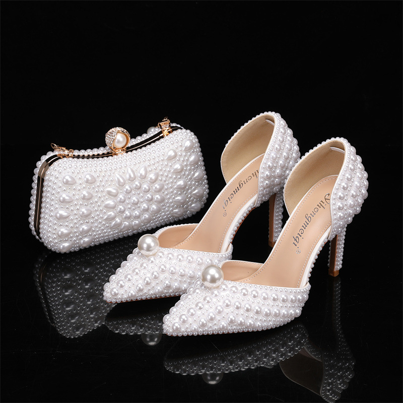 Women Bags For Wedding - ชุดกระเป๋าและรองเท้าสำหรับผู้หญิง รองเท้าแต่งงานประดับมุก รองเท้าส้นสูงสีขาวเบจ รองเท้าออกงานหรูหราสง่างาม ดีไซน์เนอร์ รองเท้าปาร์ตี้
