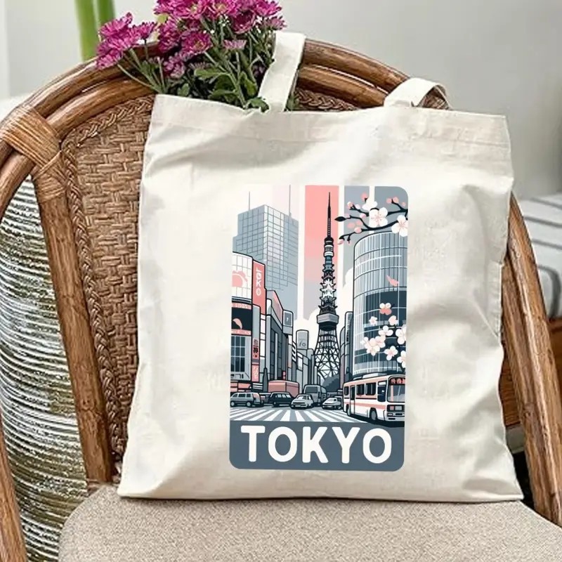 Women Bags Collection - กระเป๋าผ้าแคนวาสลายทิวทัศน์เมืองโตเกียว - คอลเลกชันเอเชีย พิมพ์ลายสไตล์ญี่ปุ่น ทันสมัย เหมาะสำหรับใช้ในยิม