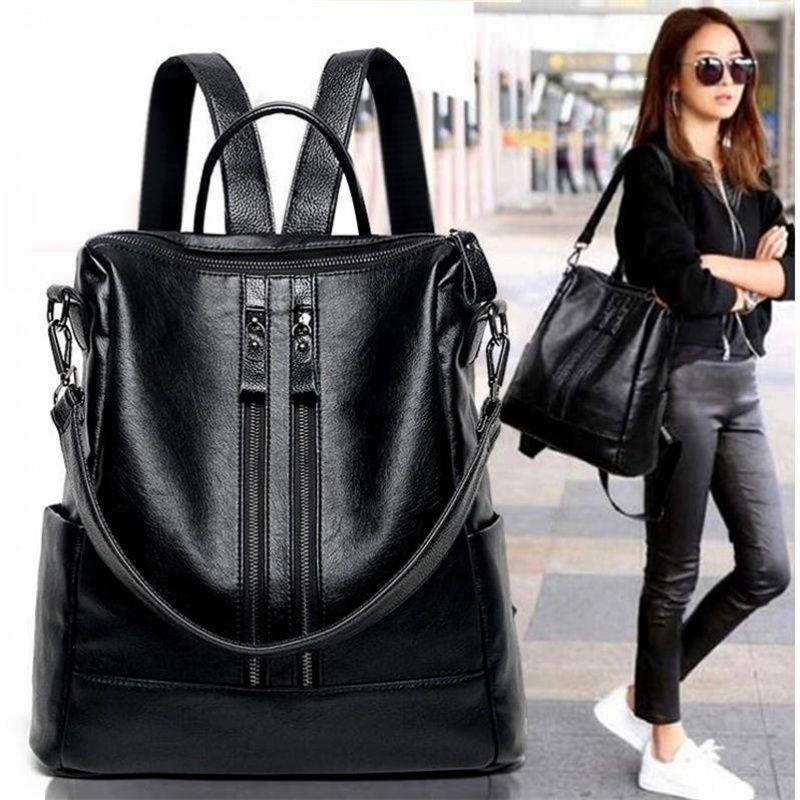 Women Bags Office - กระเป๋าเป้สะพายหลังหนังนิ่มสำหรับผู้หญิง สีดำ สไตล์ลำลองอเนกประสงค์ เหมาะสำหรับนักเรียน นักศึกษา ความจุขนาดใหญ่