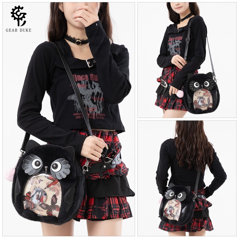 Women Bags Collection - กระเป๋าคาดลำตัว Y2K Goth Black Cat Furry