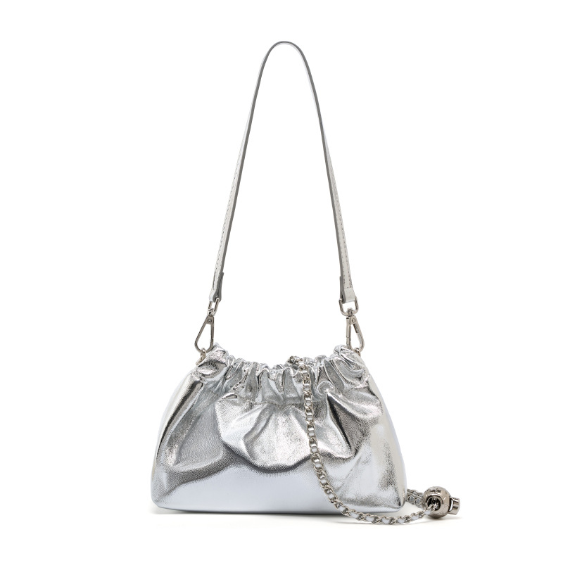 Women Bags For Sale - กระเป๋าสะพายข้างทรงกลมสีทองขนาดเล็กสำหรับผู้หญิง ดีไซน์เรียบง่ายทันสมัย พร้อมสายโซ่ กระเป๋าถือหนังหรูหราสำหรับสุภาพสตรี รุ่น Crinkled