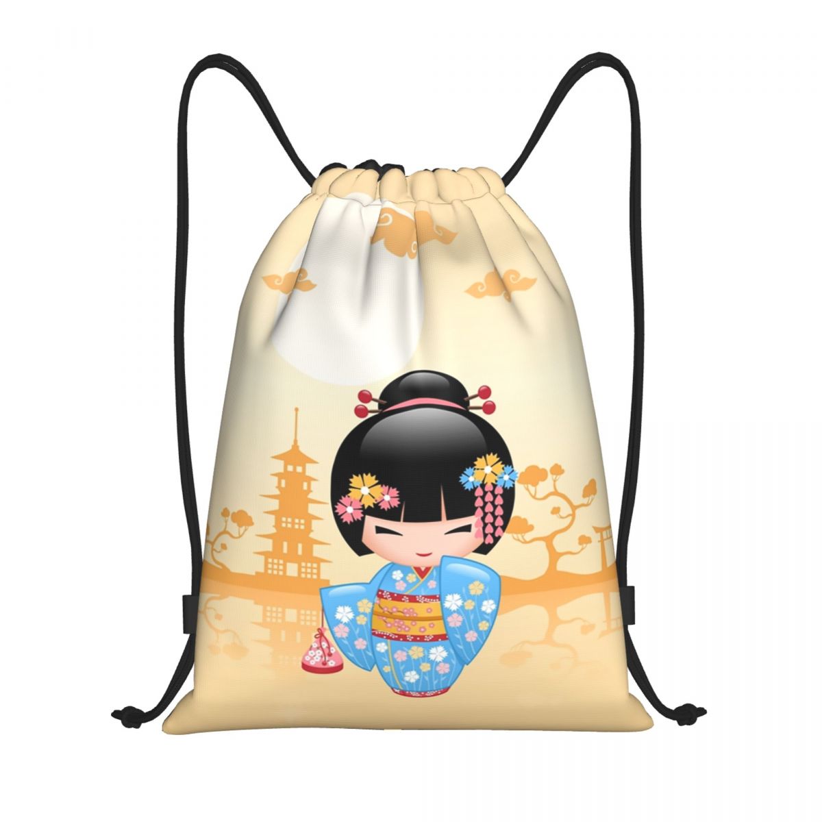 Women Bags Vector - กระเป๋าเป้สะพายหลังแบบเชือกผูกลายตุ๊กตาโคเคชิสไตล์ญี่ปุ่น สำหรับผู้ชายและผู้หญิง น่ารัก สไตล์สาวหวาน ลายเวกเตอร์เกอิชา กระเป๋าสำหรับออกกำลังกาย